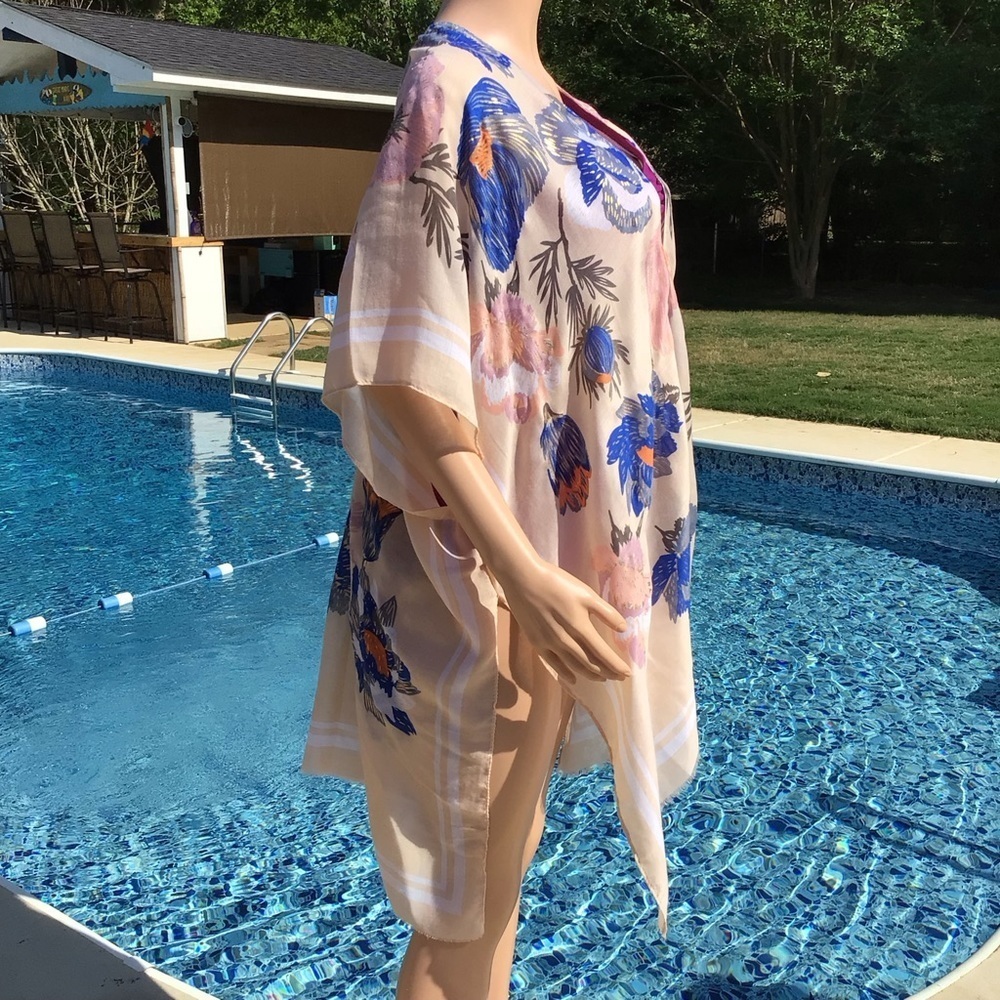 Woven Heart Womens Peach Floral Kimono Swimsuit Cover Up Size Large - Picture 3 of 6